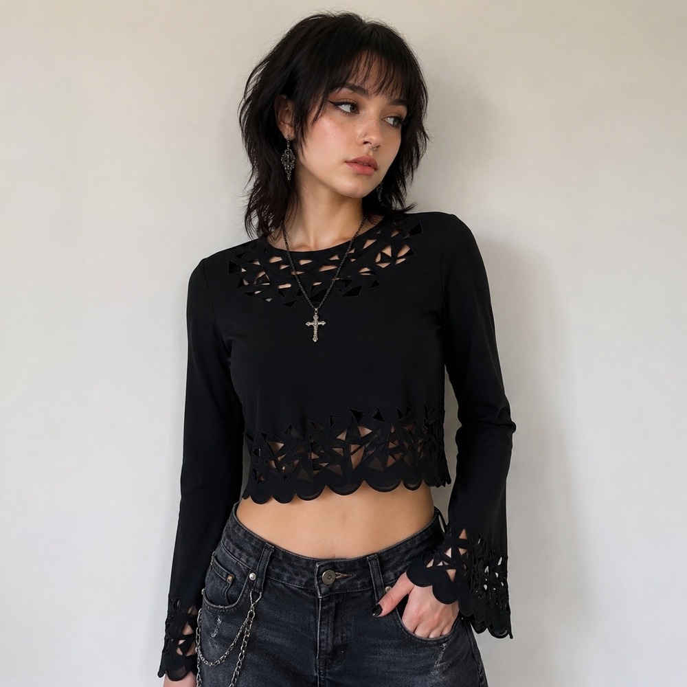 L Amour Nanette Lepore Cutout Crop Top Women XS Black Scalloped Flowy Whimsigoth